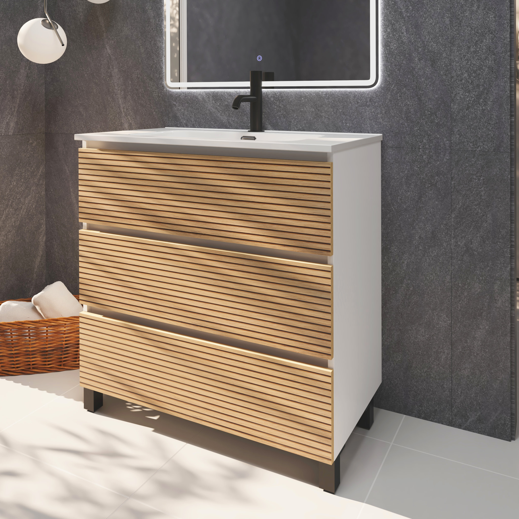 Conjunto de Baño Yinu | 100 cm Blanco - Solomon | Tres Cajones | Lavabo Encastrado | No incluye Espejo | Alday