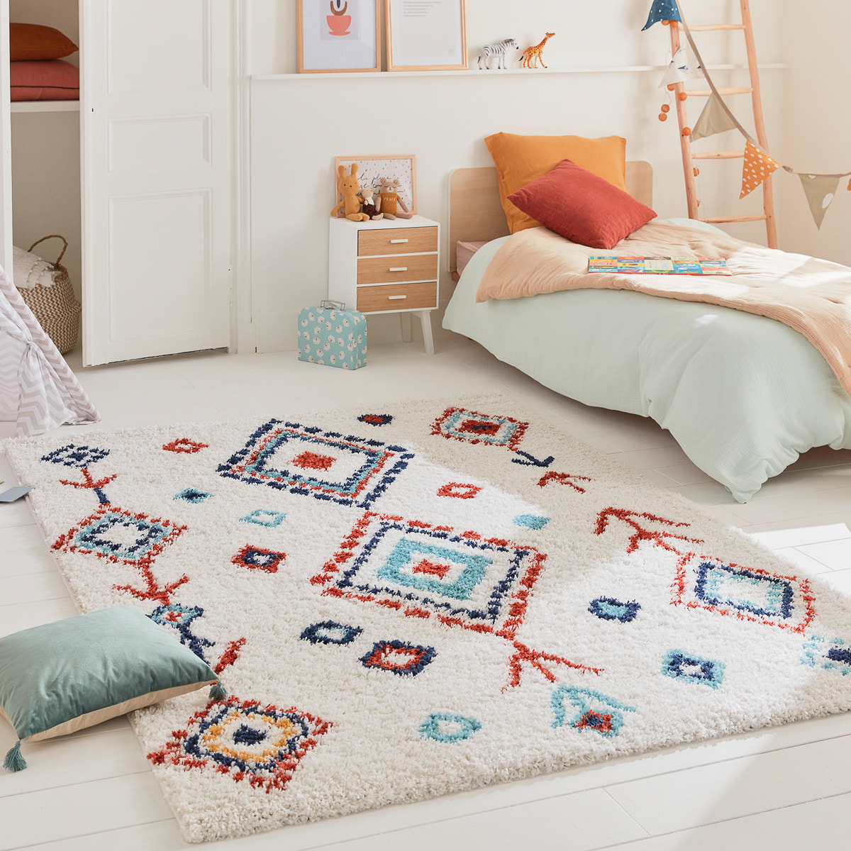 Tipi - tapis shaggy en laine artificielle à motif berbère multicolore