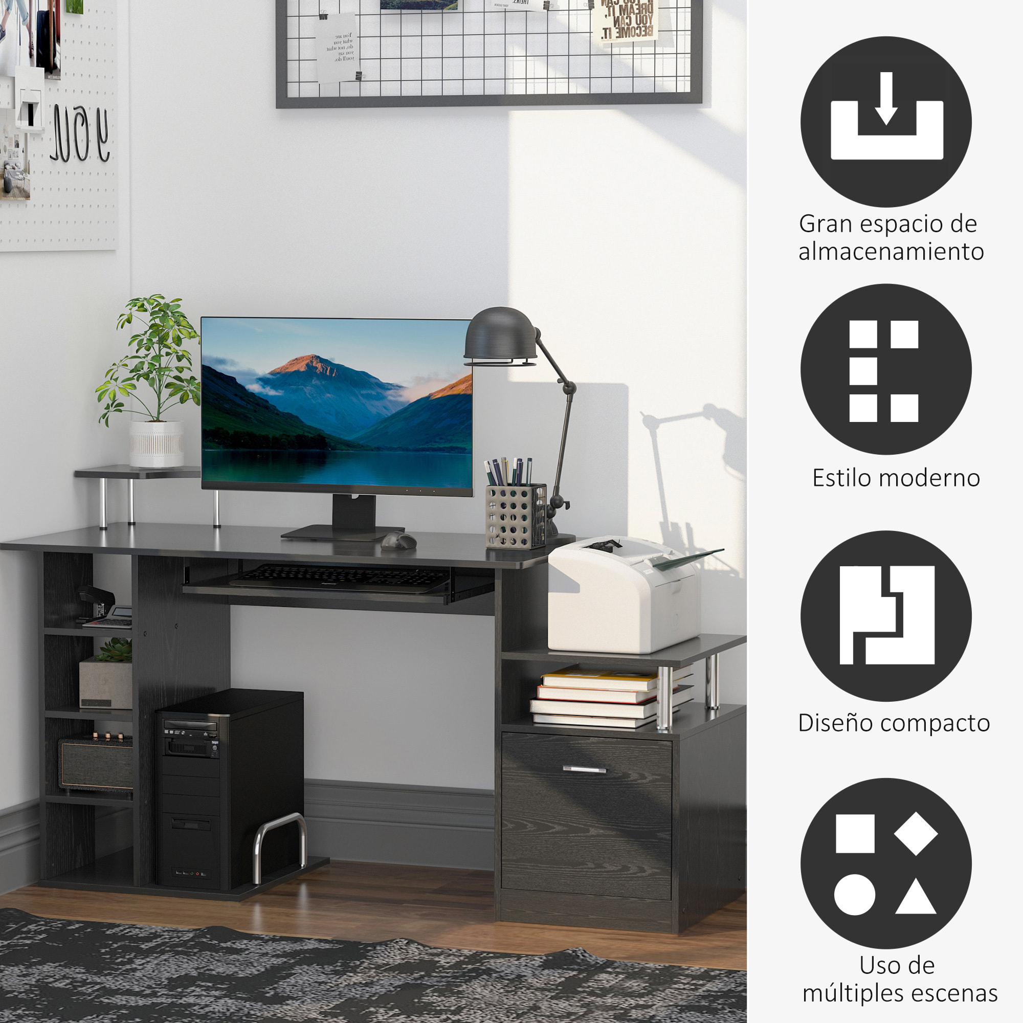 Mesa de Ordenador Mesa de Escritorio con 6 Estantes Cajón Bandeja de Teclado y Soportes para Monitor Impresora para Oficina Estudio 152x60x88 cm Negro