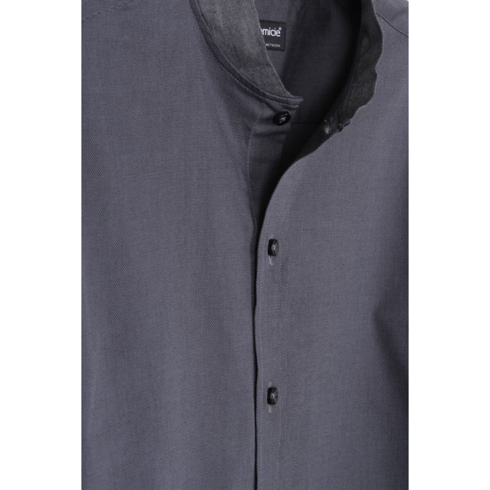Camicia Uomo Coreano Slim Armaturato Fantasia Grigio Scuro/Nero