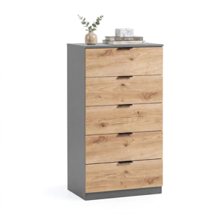 Cómoda alta de 5 cajones en gris grafito y alpine oak 60x110 cm Akari Gris Grafito - Alpine Oak