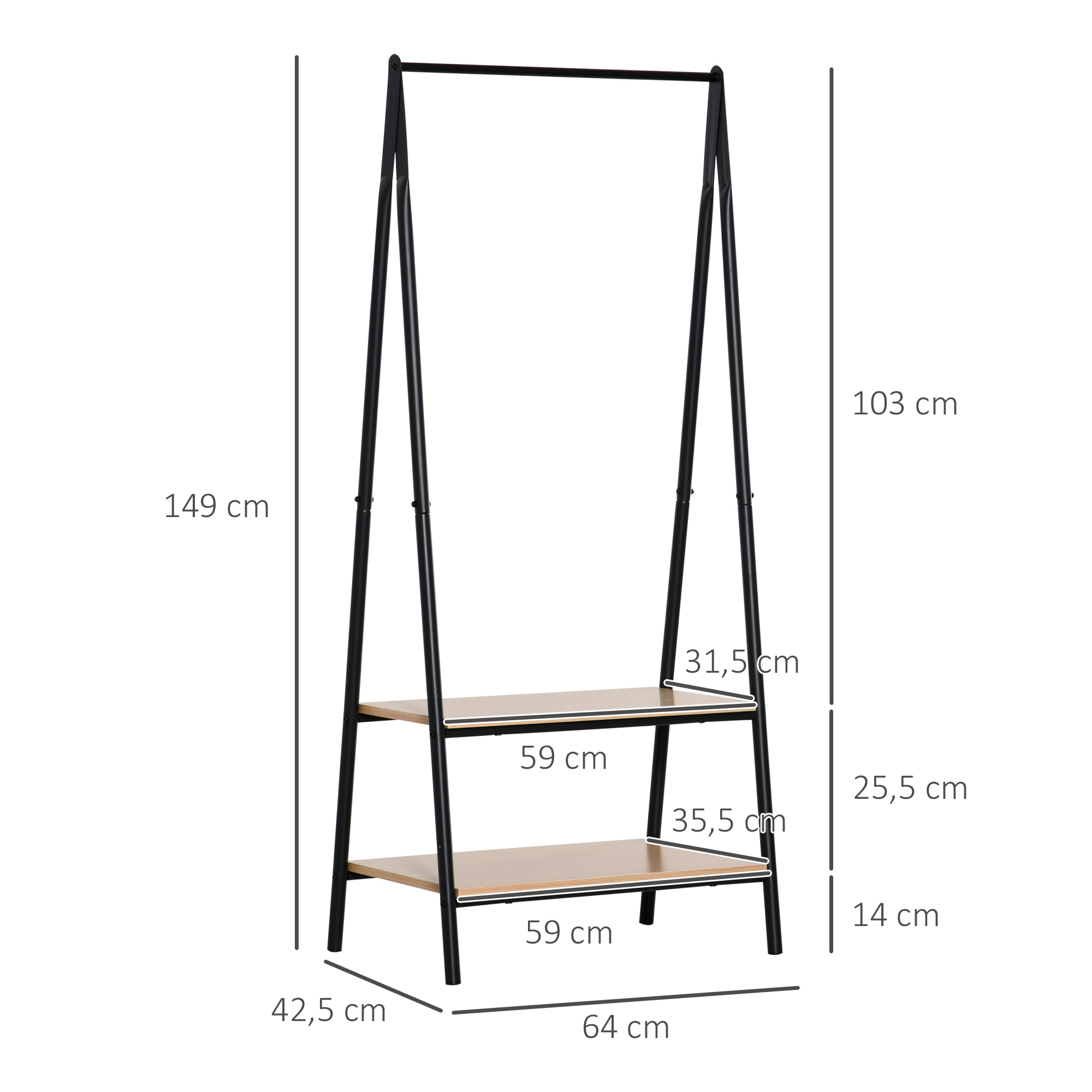Portant à vêtements penderie style contemporain triangulaire dim. 64L x 43l x 149H cm 2 étagères MDF bois clair acier noir