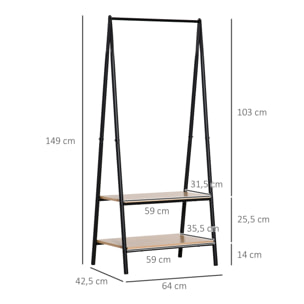 Portant à vêtements penderie style contemporain triangulaire dim. 64L x 43l x 149H cm 2 étagères MDF bois clair acier noir