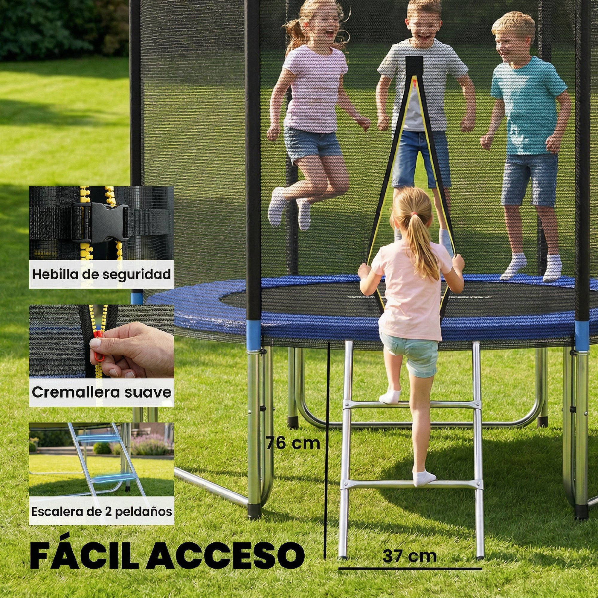 Cama Elástica para Niños Exterior Ø305 cm, Trampolín para Niños de +6 Años con Red de Seguridad, Escalera, Acolchado de Muelles y Marco de Acero Galvanizado, Carga 120 kg