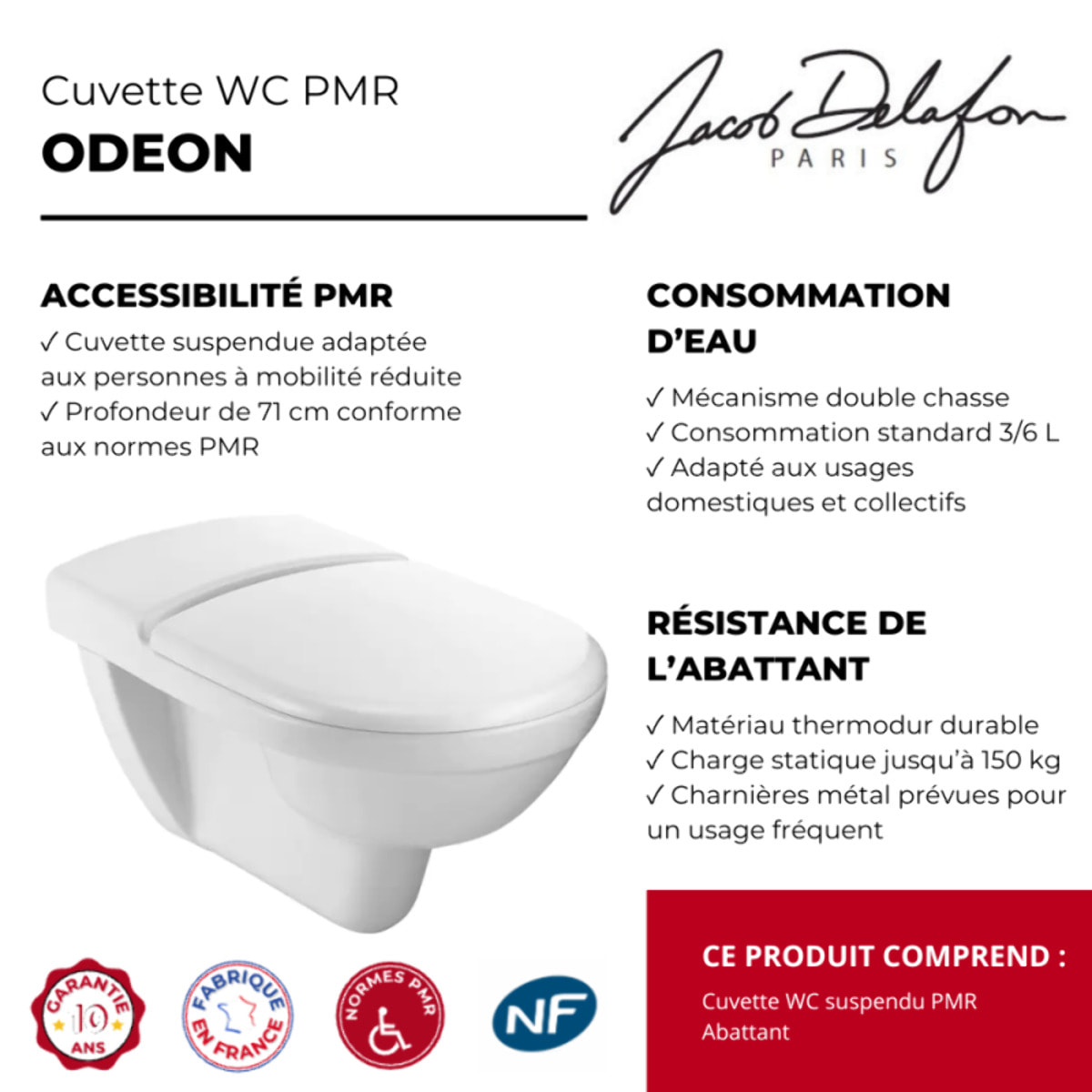 Cuvette WC suspendu PMR Odéon avec abattant
