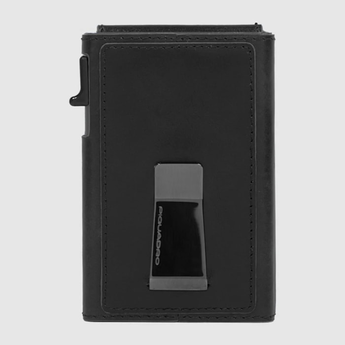Piquadro Portacarte automatico in alluminio e pelle con protezione RFID