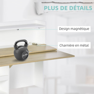 Bureau pliable mural avec étagères de rangement et placard, bureau rabattable, effet bois naturel
