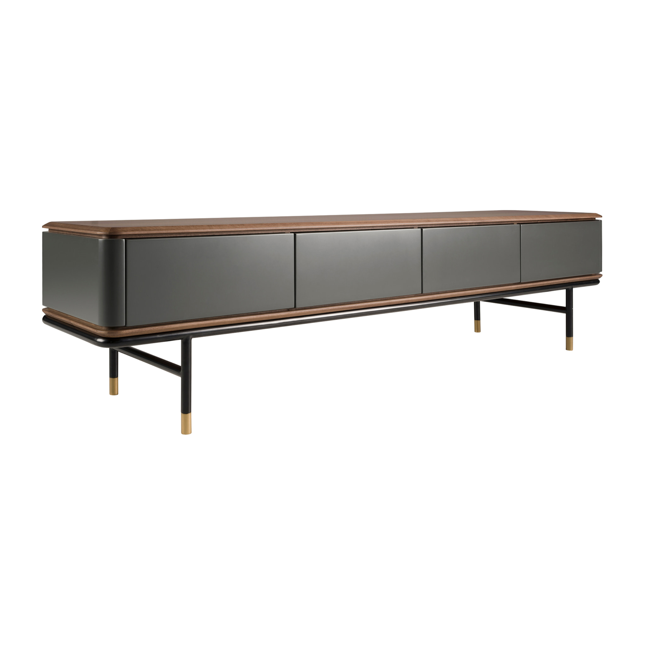Mueble TV de madera de MDF en gris oscuro mate y patas de acero inoxidable en negro tapa de madera chapada en nogal 200x45x50cm