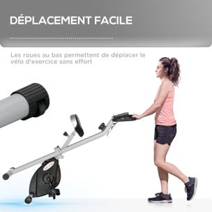 Vélo d'appartement pliant, vélo fitness silencieux vélo d'intérieur avec résistance magnétique à 8 niveaux, capteur de fréquence cardiaque, siège réglable, écran LCD et roulettes, gris