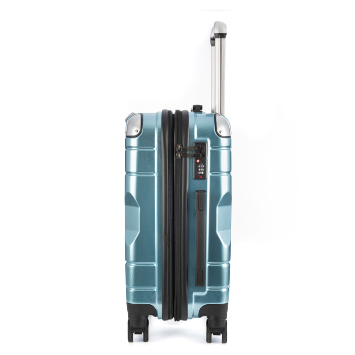DAM Maleta de cabina Trolley extensible en material ligero de ABS+PC de alta resistencia con esquinas reforzadas. Cerradura numérica TSA, 4 ruedas dobles extraíbles y giratorias 360°. 37x24x56 Cm. Color: Azul