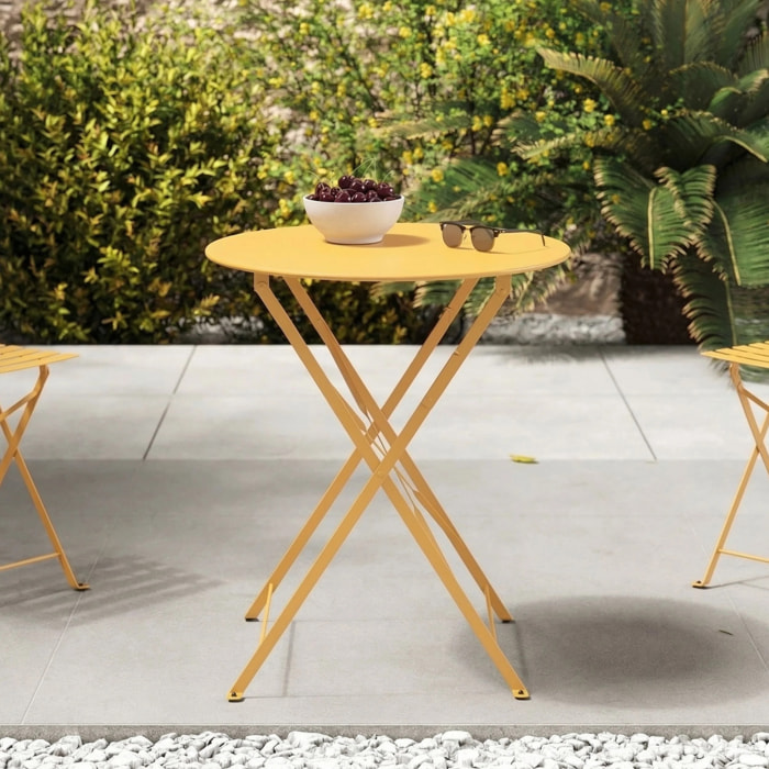 Table de jardin ronde et pliante en métal jaune beurre 2 personnes - Kayla