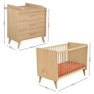 Chambre bébé complète Arty, Lit 120x60 et Commode à langer - Chêne suave