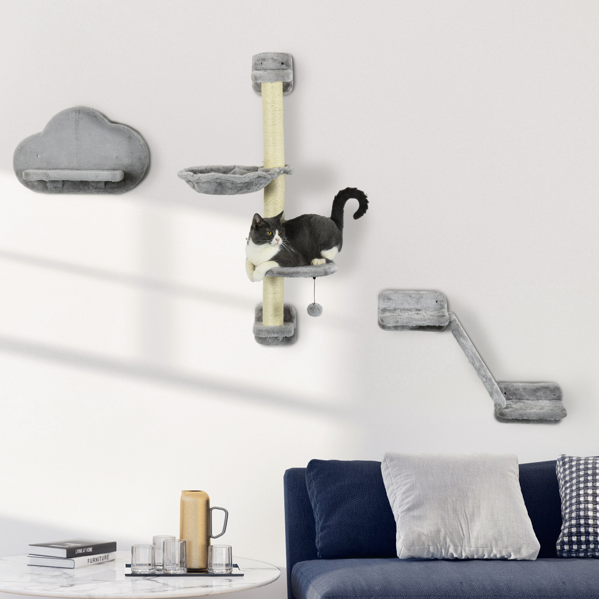 Juego de Pared de Escalada para Gatos de 3 Piezas, Estanterías de Pared para Gatos con Hamaca, Rampa con Rascador, Plataforma en Forma de Nube para Saltar, Gris