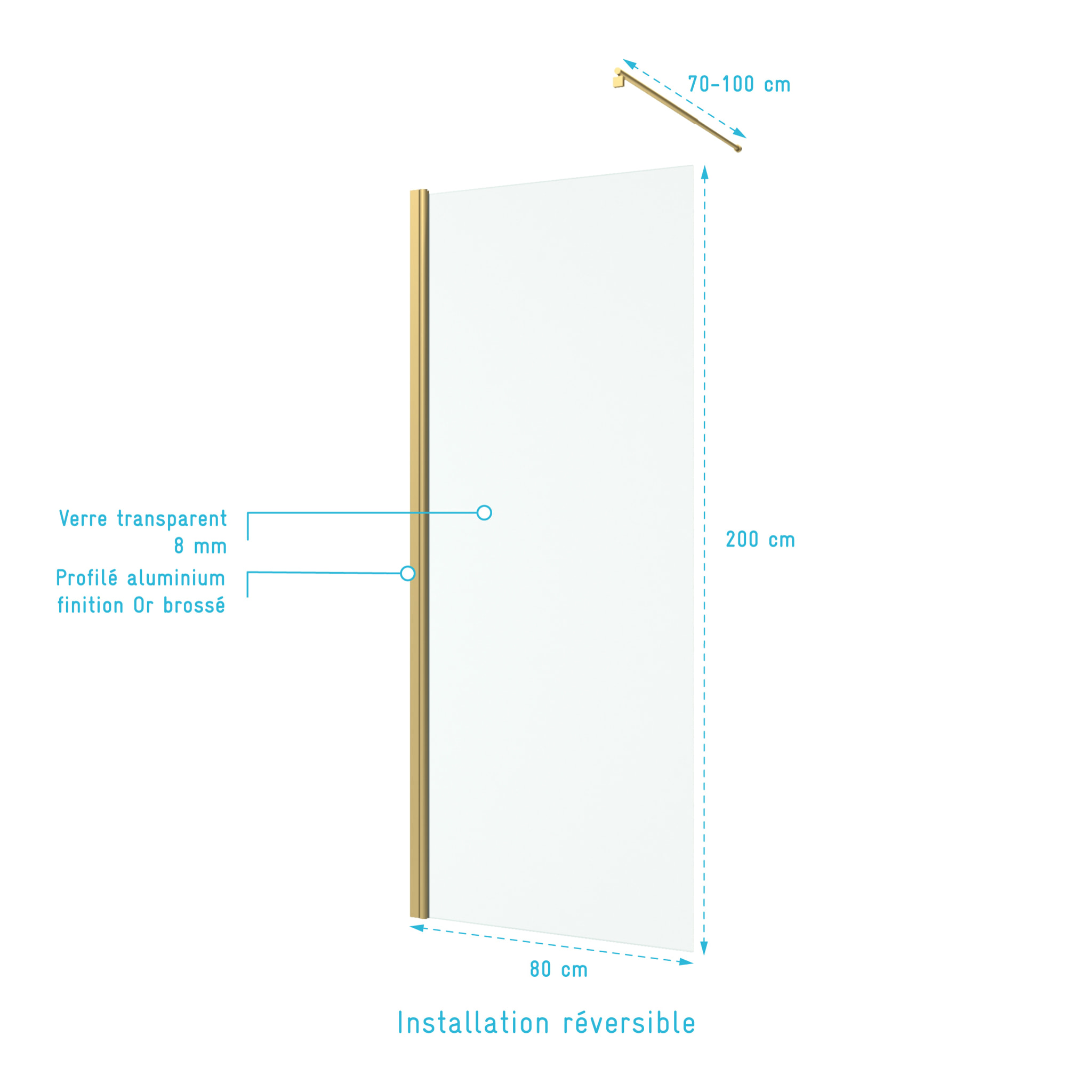 Paroi de Douche 80x200cm Verre Transparent - Barre de Fixation Extensible et Profil Or Brossé