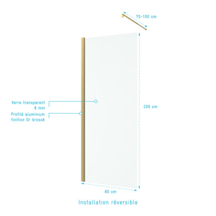Paroi de Douche 80x200cm Verre Transparent - Barre de Fixation Extensible et Profil Or Brossé