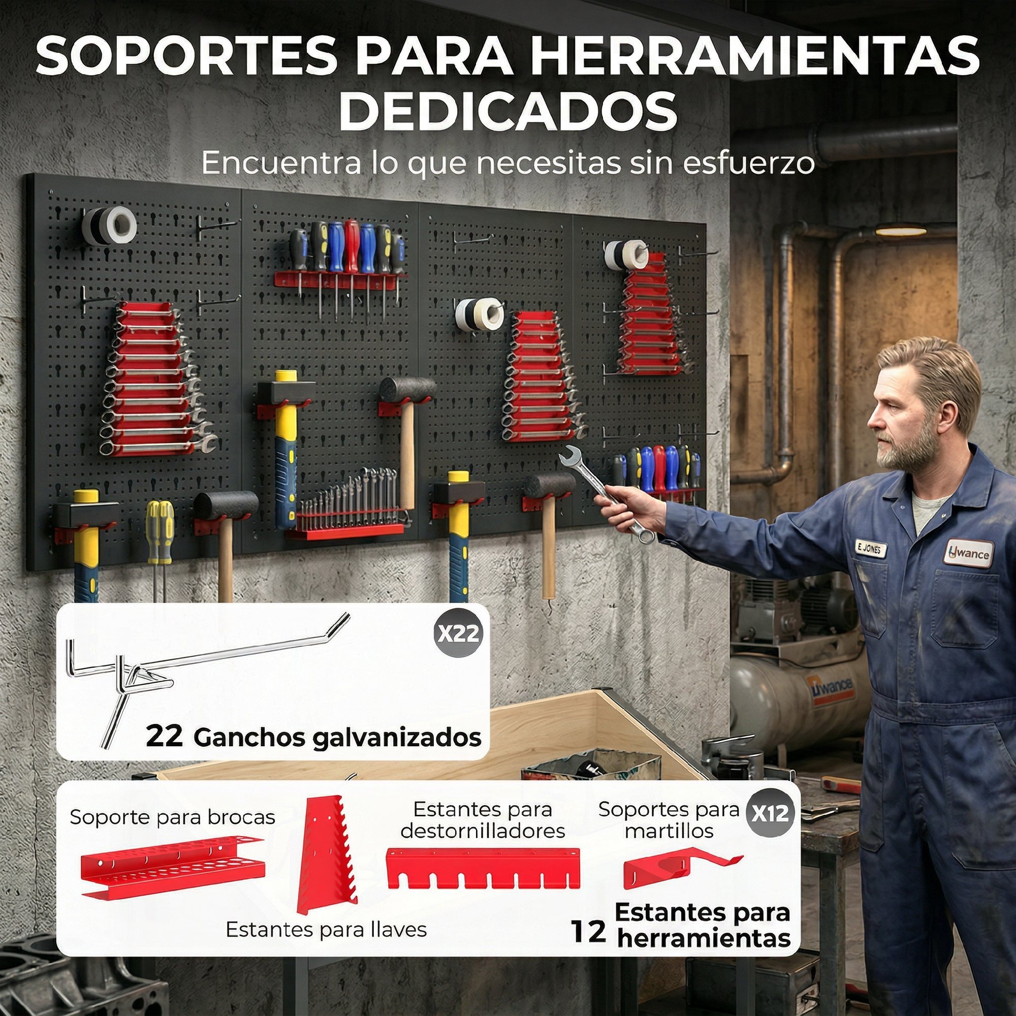 4 Paneles de Herramientas de Pared, 38 Piezas, cada panel 60x40 cm, Organizador de Herramientas de Pared con Ganchos y Estantes, para Garajes y Bricolaje, Negro y Rojo
