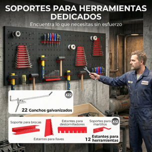 4 Paneles de Herramientas de Pared, 38 Piezas, cada panel 60x40 cm, Organizador de Herramientas de Pared con Ganchos y Estantes, para Garajes y Bricolaje, Negro y Rojo