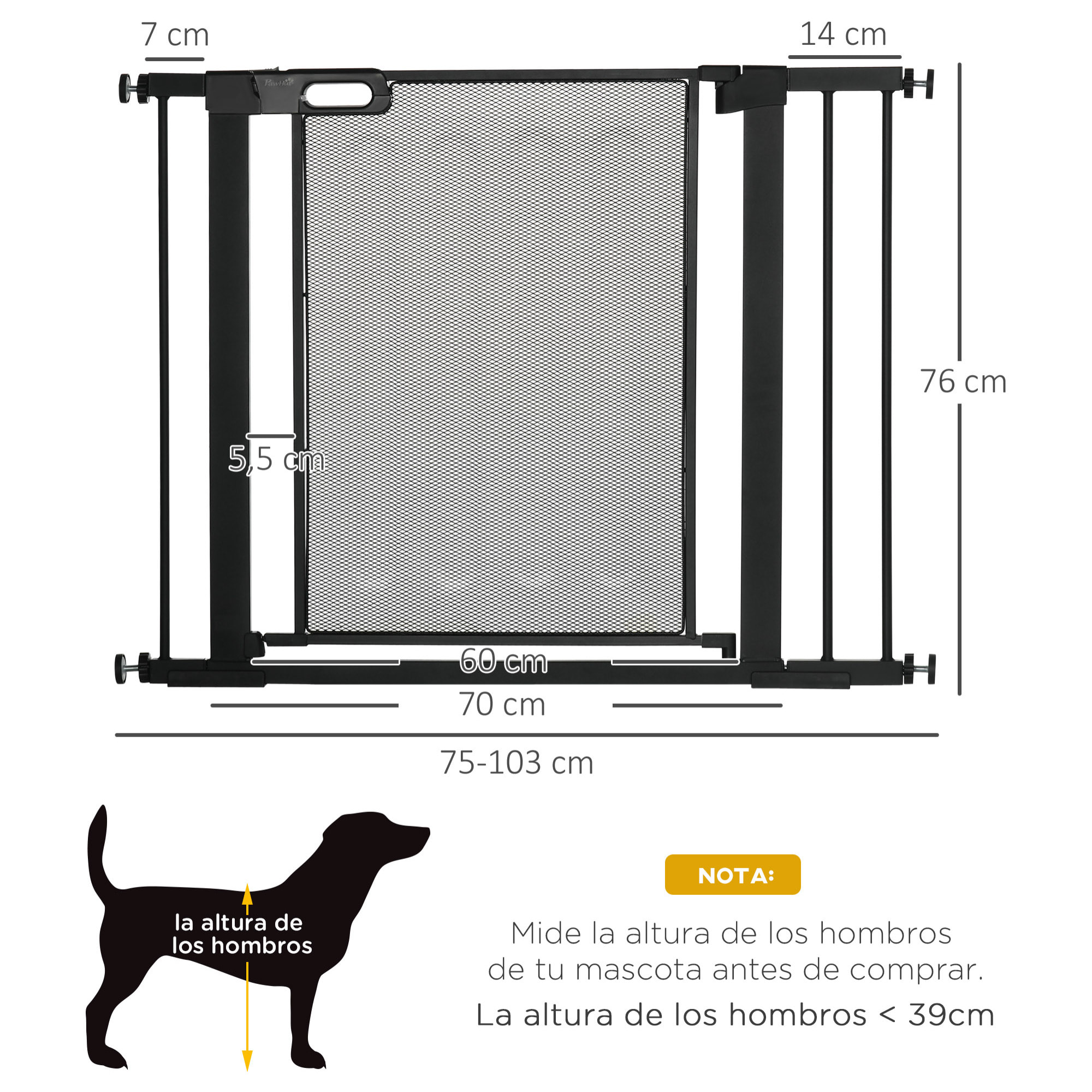 Barrera de Seguridad para Perros Extensible 75-103 cm Barrera para Escalera Puerta con 2 Extensiones Doble Bloqueo Cierre Automático Negro