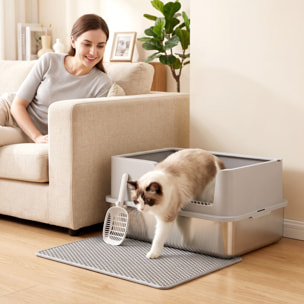 Arenero para Gatos de Acero Inoxidable XL, Caja de Arena para Gatos, Arenero con Borde Alto, Pala, Cepillo, Gancho, Fácil de Limpiar, Antifugas, Gris Claro