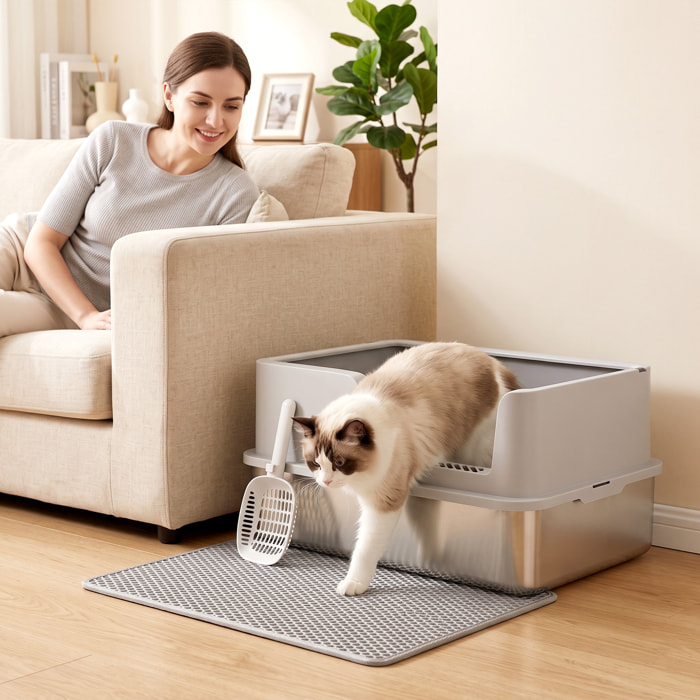 Arenero para Gatos de Acero Inoxidable XL, Caja de Arena para Gatos, Arenero con Borde Alto, Pala, Cepillo, Gancho, Fácil de Limpiar, Antifugas, Gris Claro