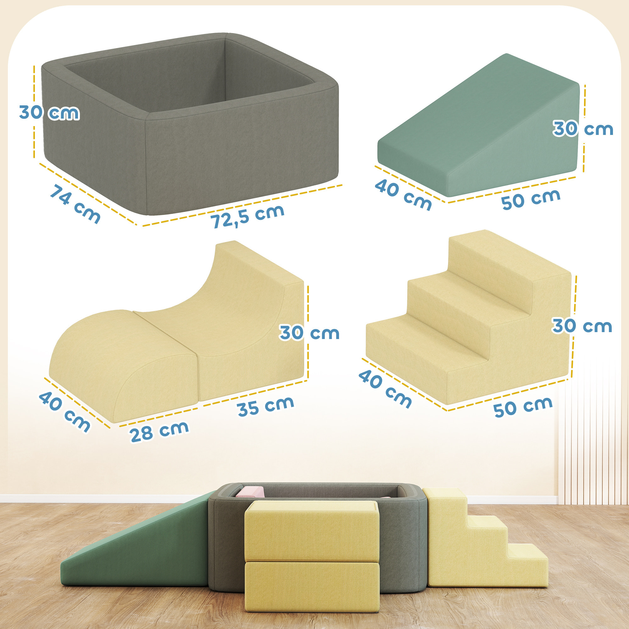 Juego de 7 Bloques de Espuma para Niños, Bloques de Psicomotricidad con Fundas de Pana Lavables, Set de Escalada para Interior, para Escalar y Gatear, Multicolor