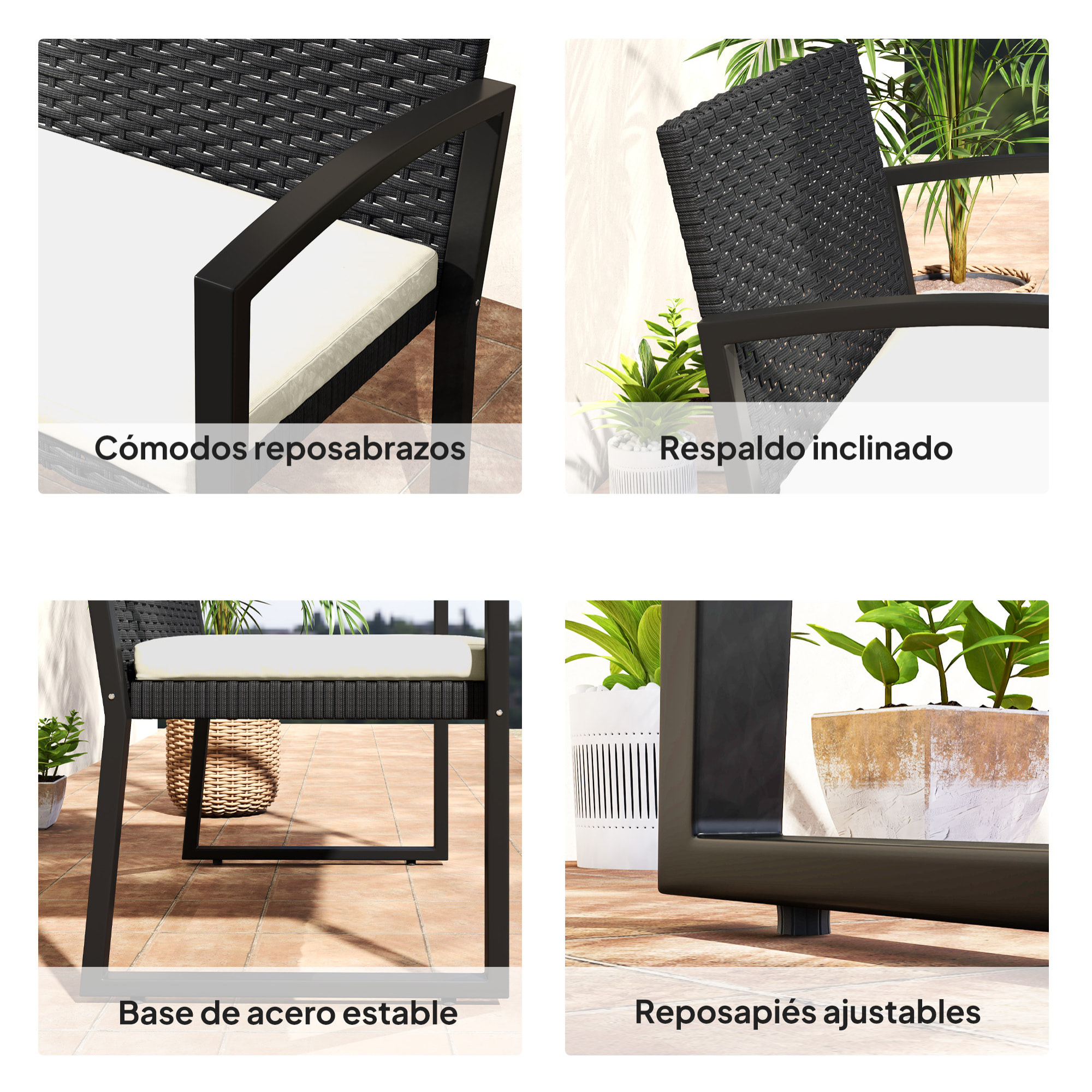 Banco de Jardín de Ratán Sintético de 2 Plazas Banco de Exterior con Cojín y Reposabrazos Carga 240 kg para Terraza Patio 103x58x78 cm Negro y Beige