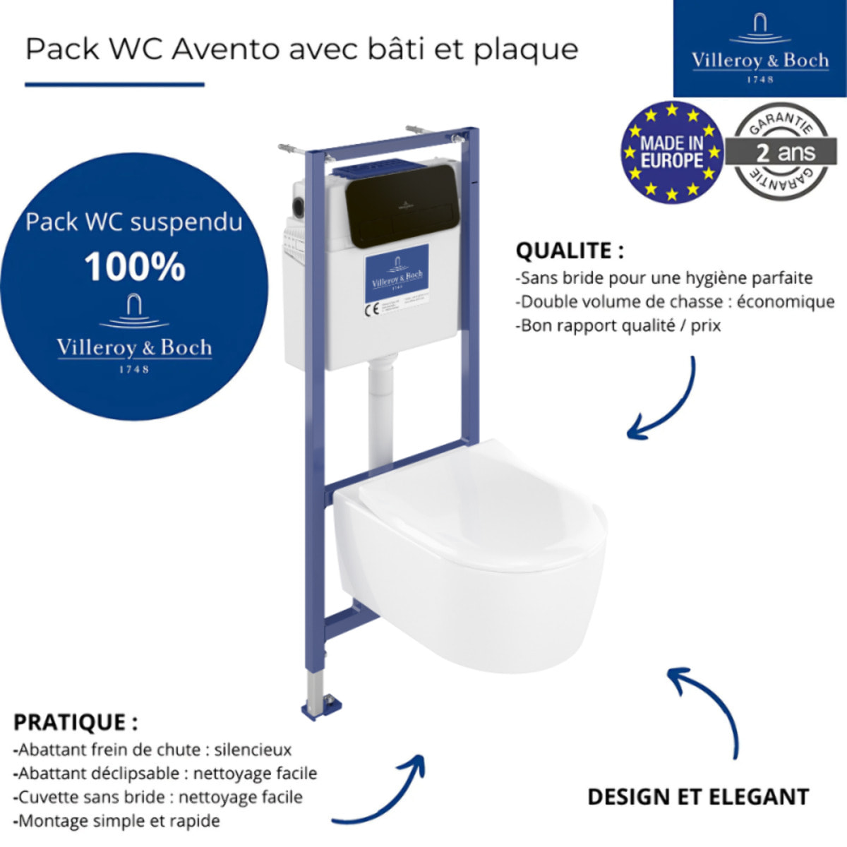 Pack WC suspendu sans bride Avento + Bâti support ViConnect Pro + abattant frein de chute + plaque noir mat  + Tabouret bois
