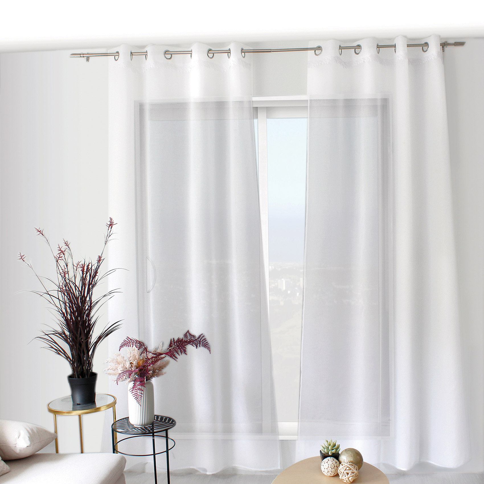 Voilage tamisant avec galon feuille en macramé - Blanc