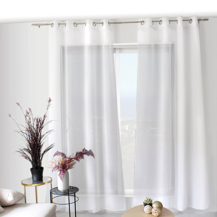 Voilage tamisant avec galon feuille en macramé - Blanc