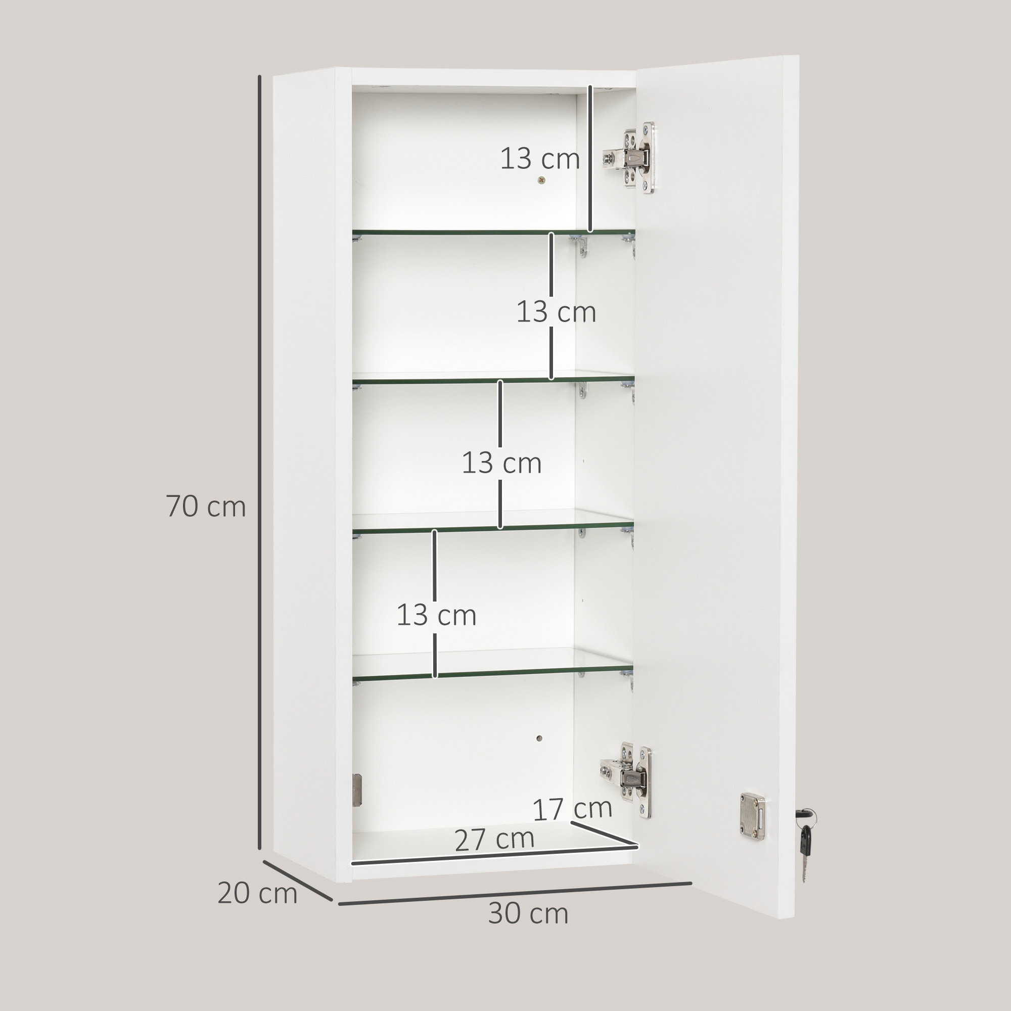 Botiquín de Pared de Primeros Auxilios, Botiquín de Medicinas de 5 Niveles con Estantes Ajustables de Vidrio, Cerradura y 2 Llaves, para Baño, Cocina, 30x20x70 cm, Blanco
