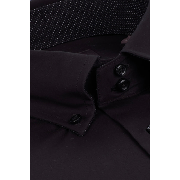 Camicia Uomo 2 Bottoni Button Down Slim Popeline Stretch Unito Nero