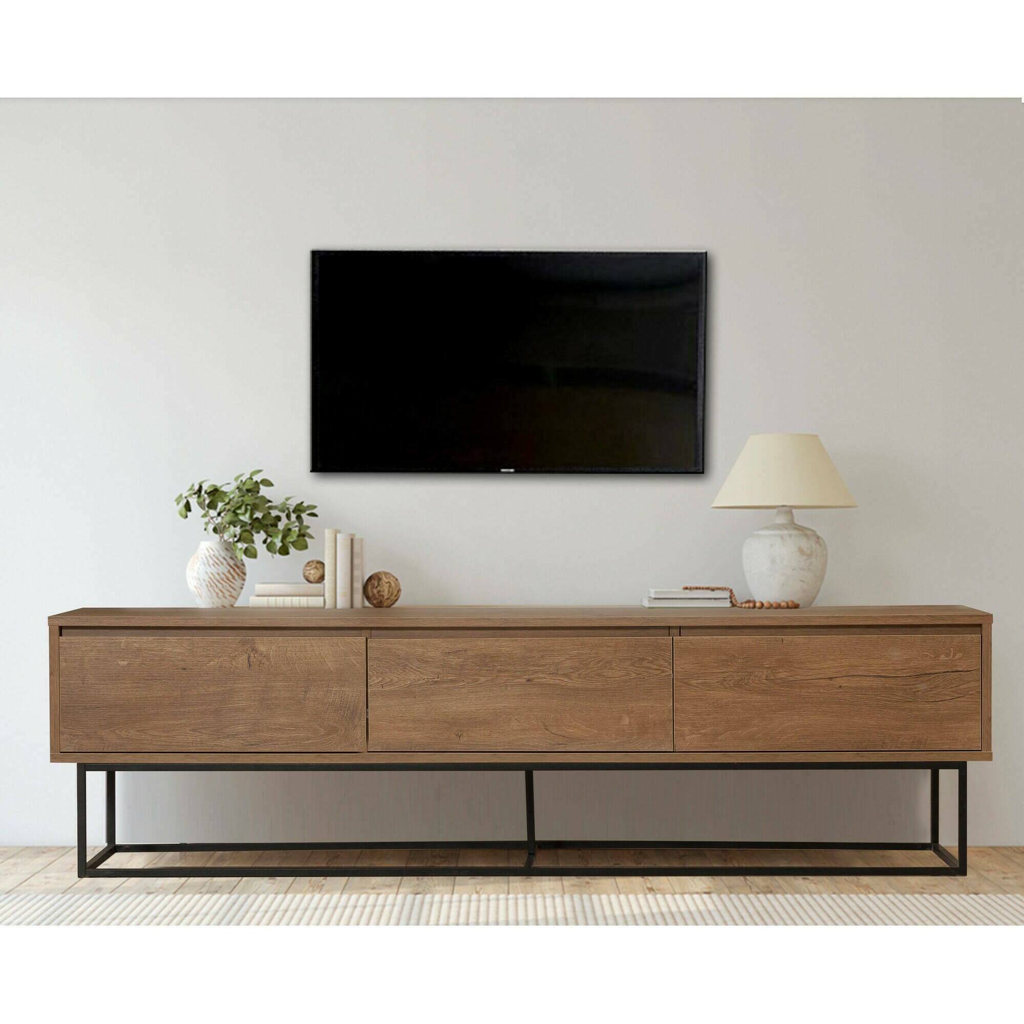 Mobile porta TV Dlapadul, Credenza da soggiorno, Armadio basso per TV, Base parete attrezzata, 180x40h50 cm, Noce e Nero