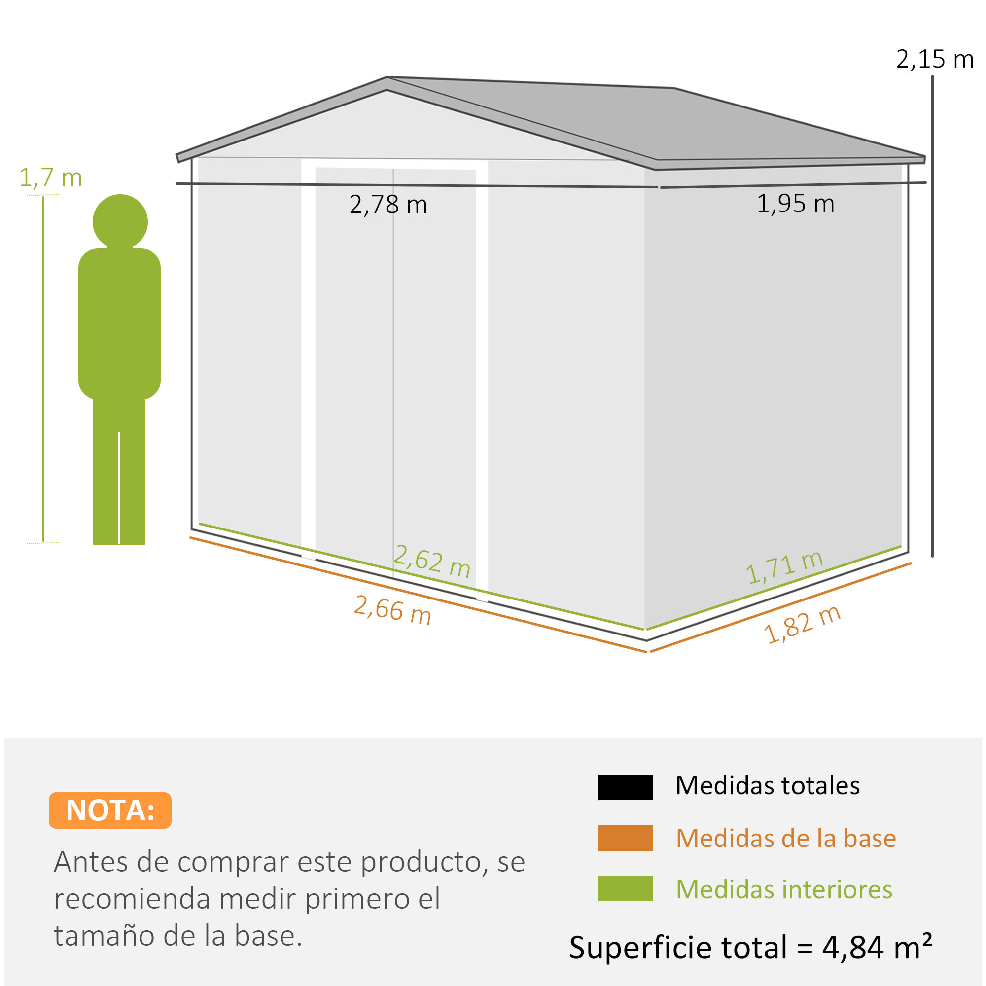 Caseta de Jardín Exterior 4,84 m² 278x195x215 cm Cobertizo de Jardín Exterior Metálica con 2 Puertas Corredizas y 4 Ventanas para Almacenamiento de Herramientas Efecto Madera Natural y Café