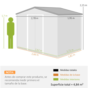 Caseta de Jardín Exterior 4,84 m² 278x195x215 cm Cobertizo de Jardín Exterior Metálica con 2 Puertas Corredizas y 4 Ventanas para Almacenamiento de Herramientas Efecto Madera Natural y Café