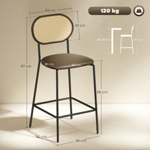 Juego de 2 Taburetes de Bar Taburetes Altos de Cocina con Respaldo de Ratán Asiento de PU Marco de Acero y Reposapiés para Comedor Mostrador 45x50x97 cm Marrón