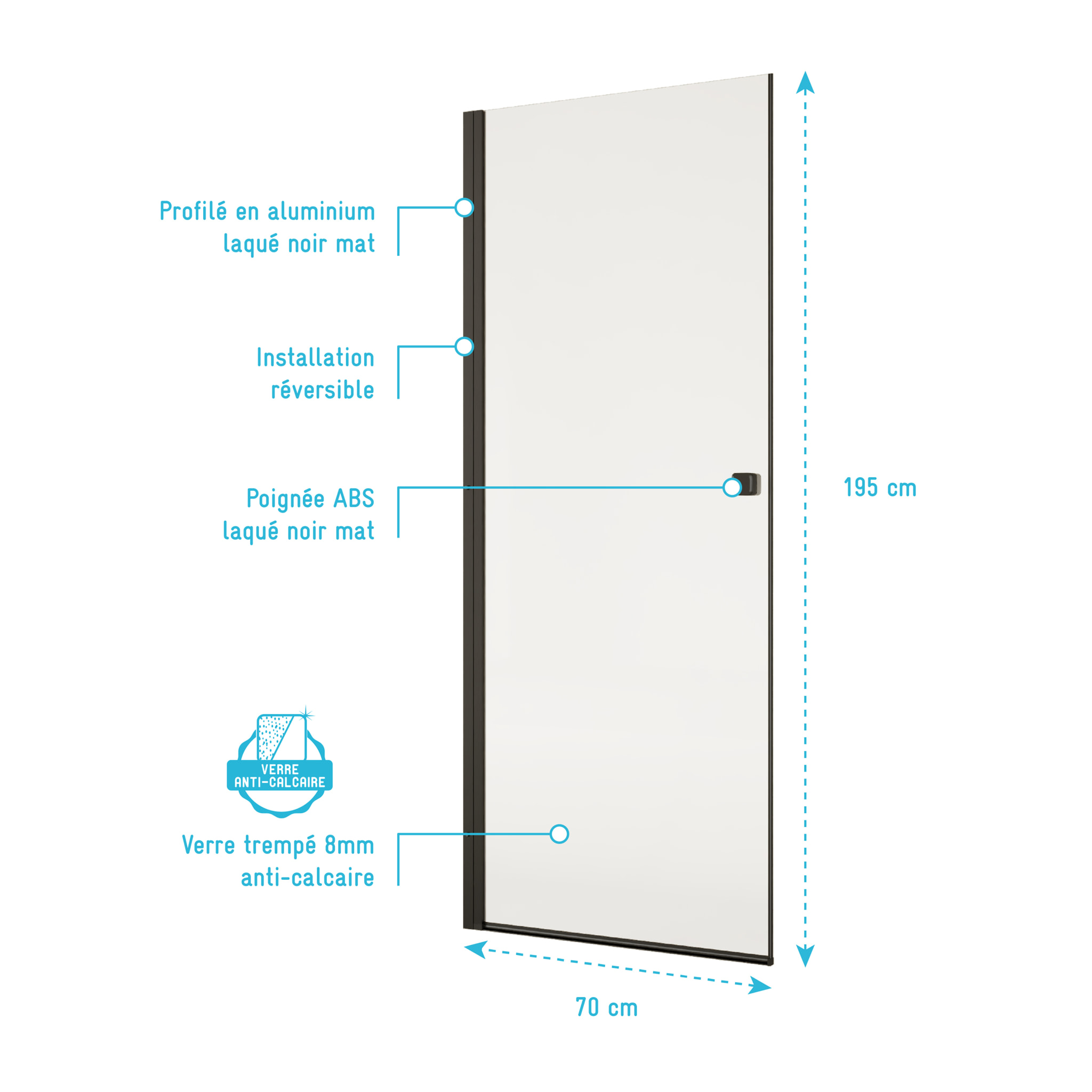 Porte de Douche Pivotante 70x195cm - Verre Trempe 8mm Anticalcaire - Alu Noir - DARK ELEMENTARY
