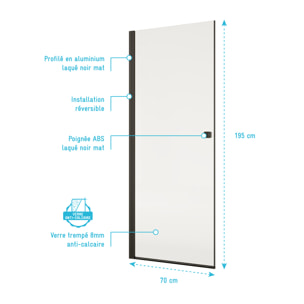 Porte de Douche Pivotante 70x195cm - Verre Trempe 8mm Anticalcaire - Alu Noir - DARK ELEMENTARY