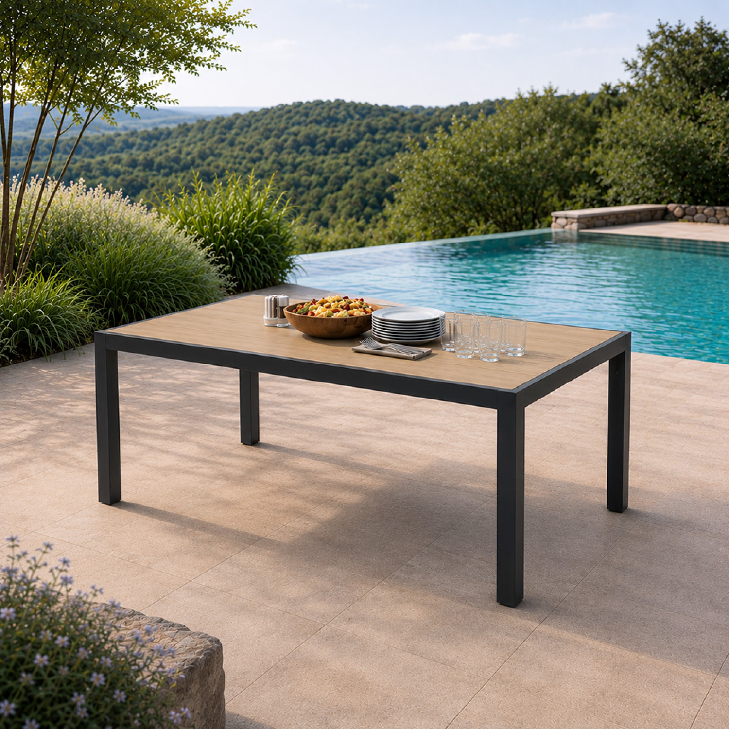 Table de jardin 200cm en aluminium et avec plateau en verre trempé effet bois NAIROBI