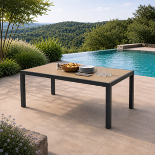 Table de jardin 200cm en aluminium et avec plateau en verre trempé effet bois NAIROBI