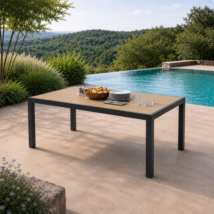Table de jardin 200cm en aluminium et avec plateau en verre trempé effet bois NAIROBI