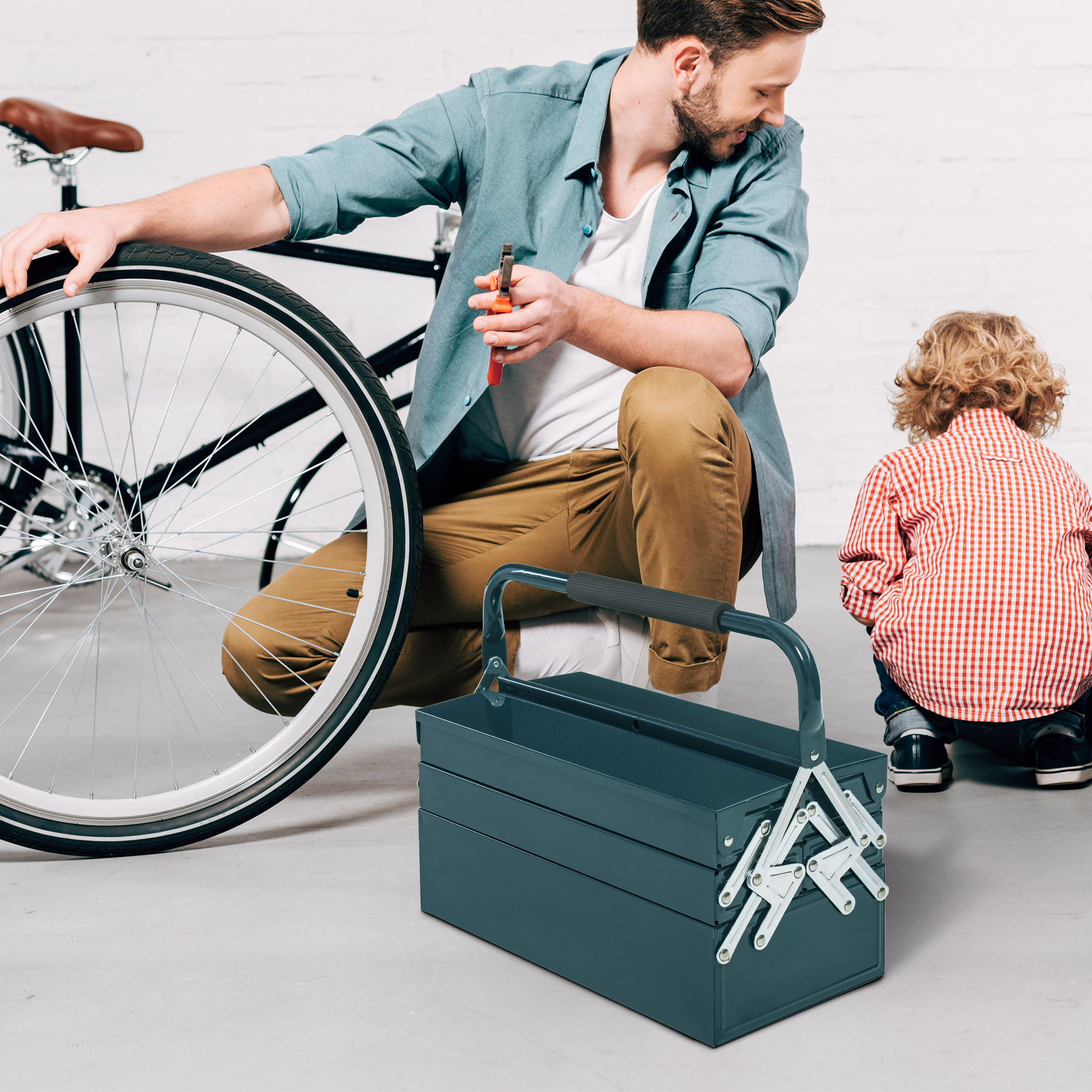 Caja de Herramientas Metálica, Maletín de Herramientas de Acero Plegable con 5 Bandejas y Asa, para Taller, Garaje, 45x20x34,5 cm, Verde Oscuro