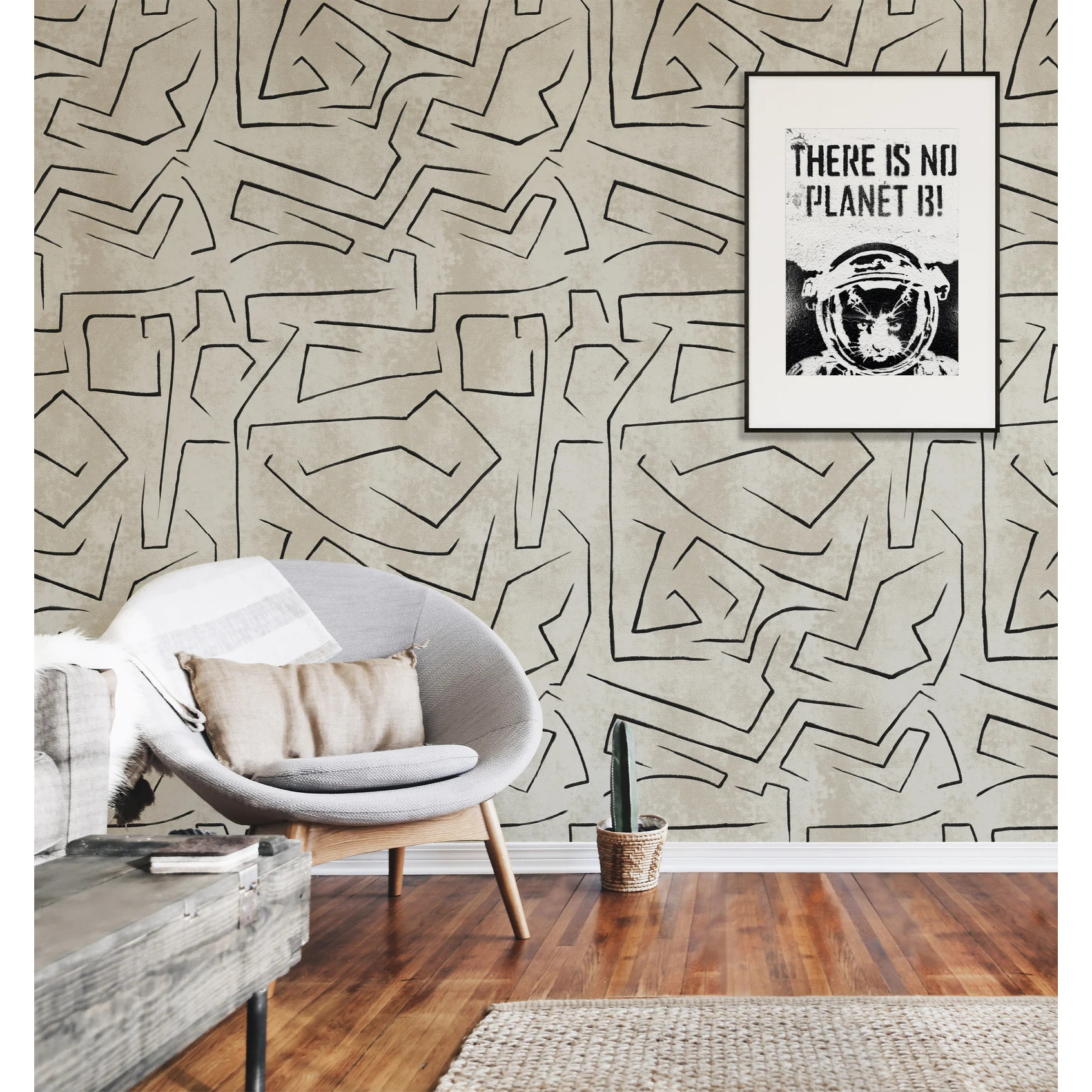 Carta da Parati Beige Graffiti con Strisce Nere Astratta