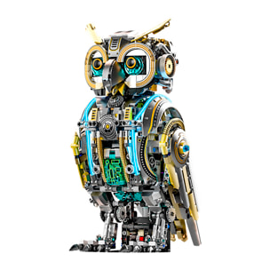 Maqueta 3D mecanizada de buho con 1296 piezas, equipada con luces y mecanismo de manivela que permite movimiento dinámico.