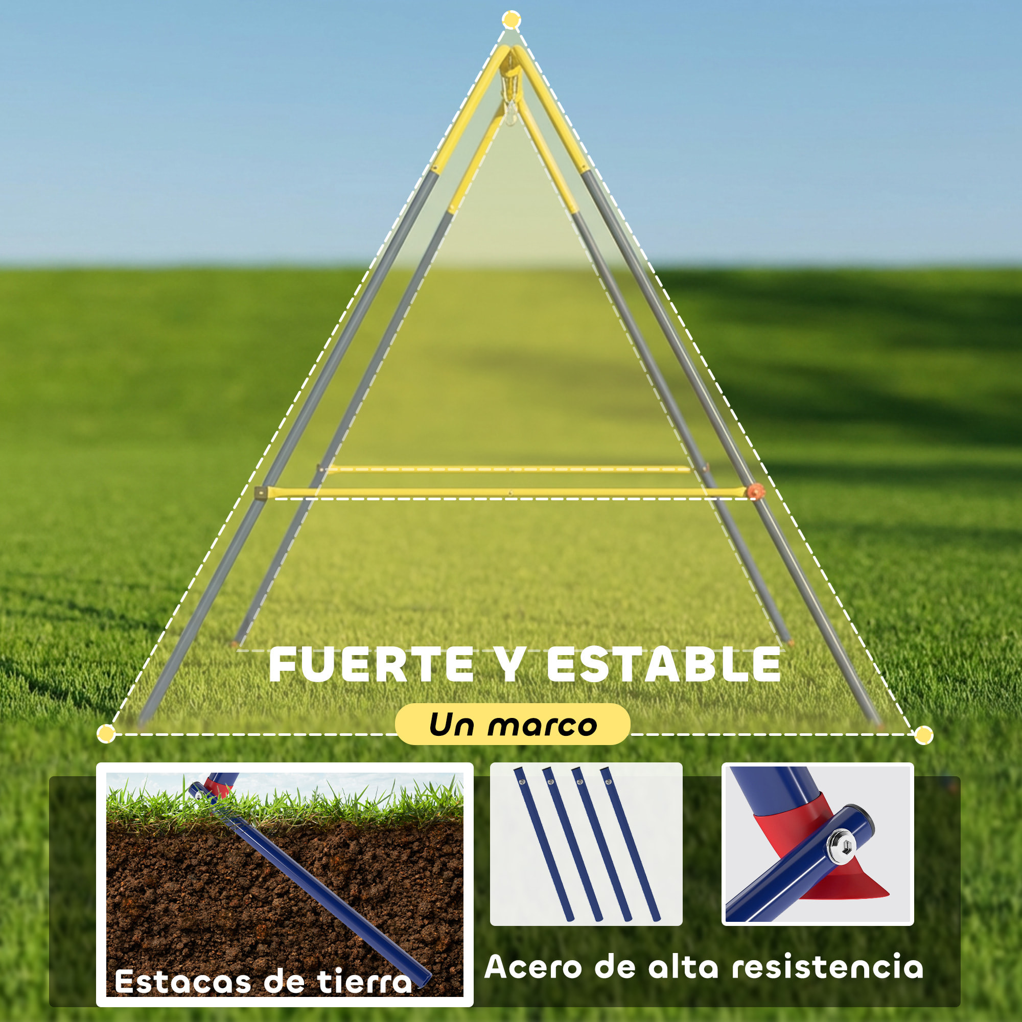 Estructura de Columpio Infantil Plegable, Estructura Metálica para 1 Columpio, con 2 Ganchos, 4 Estacas, Resistente para 50 kg, Forma A, para Interior y Exterior, 128x155x157 cm, Azul