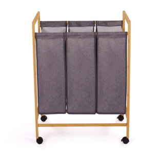 Panier à linge 3 compartiments Maya en bambou avec roulettes