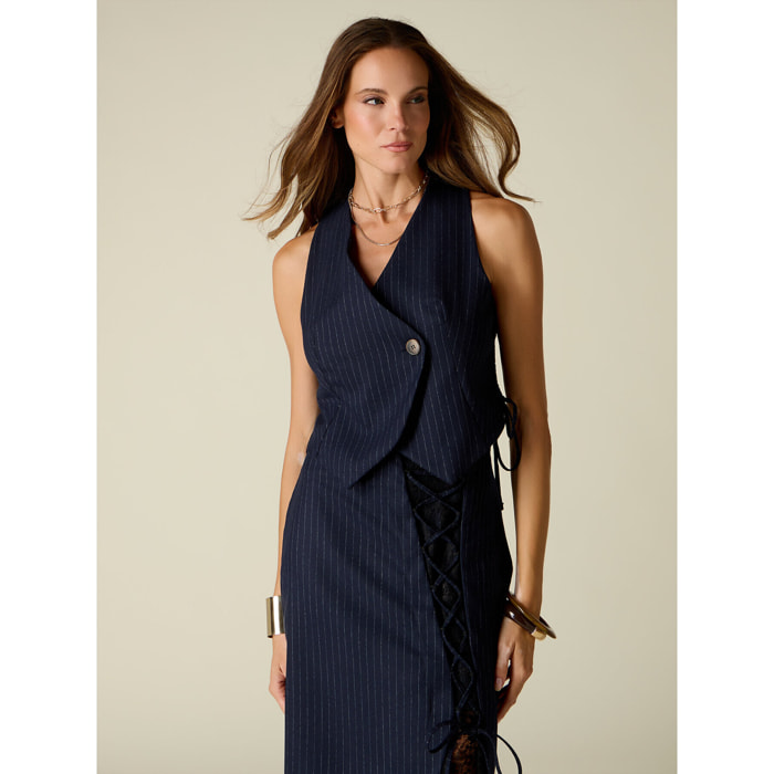 Oltre - Gilet corto gessato con nastri - Blu