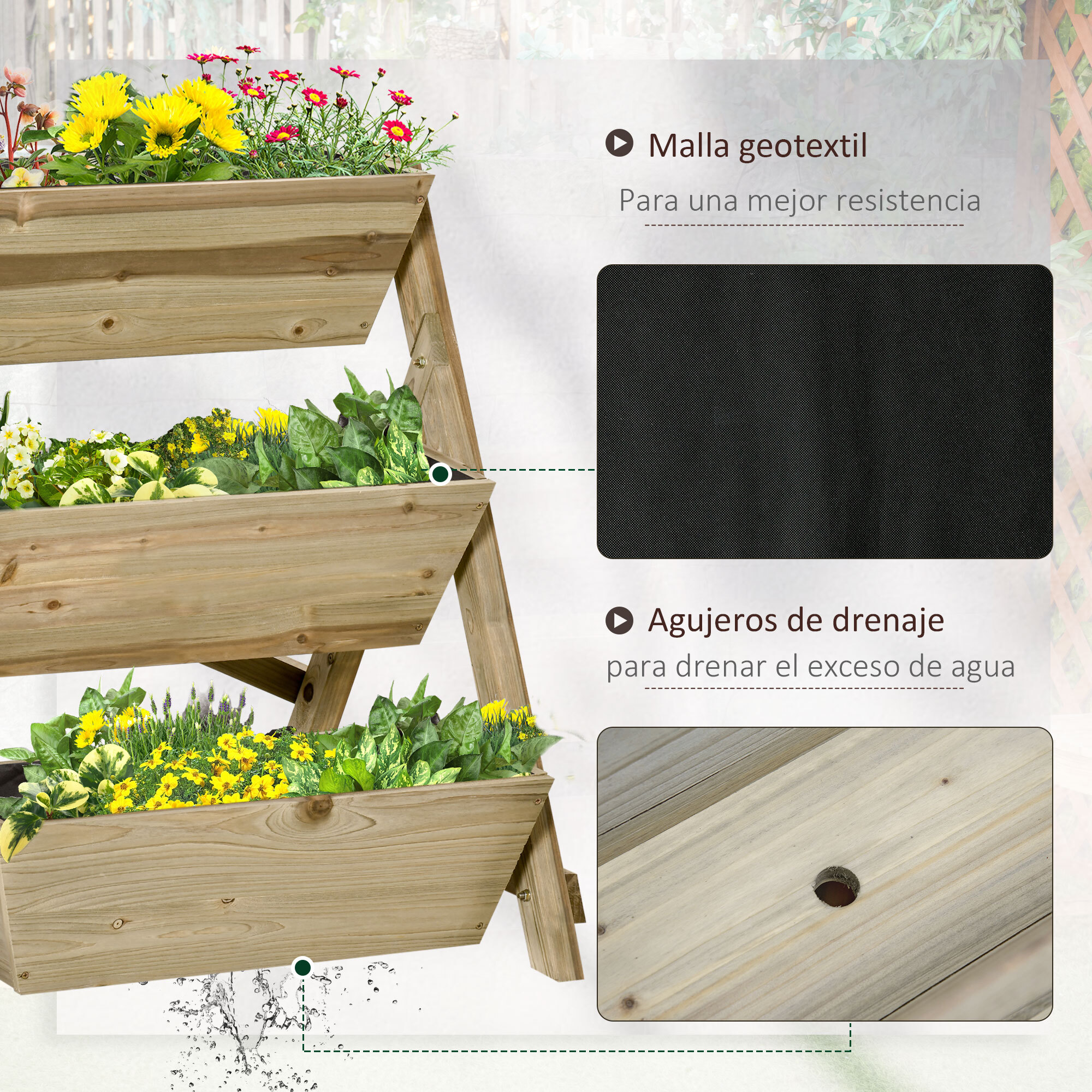 Jardinera de Escalera de 3 Pisos Maceteros de Madera con Tela no Tejida y Orificios de Drenaje Huerto Urbano para Plantas Macetas Flores Jardín 71x61x77 cm Natural