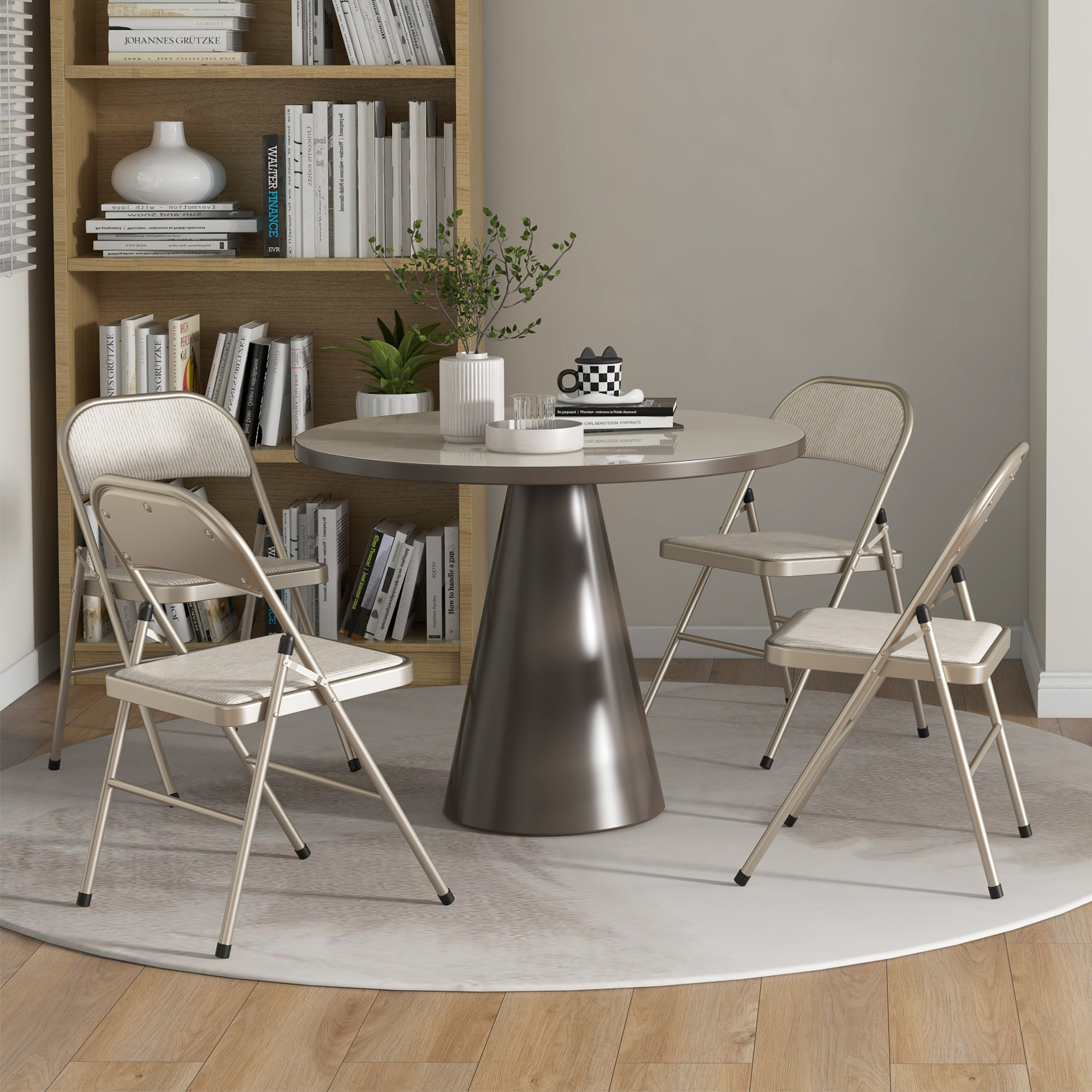 Juego de 4 Sillas Plegables Tapizadas en Lino Sintético con Respaldo y Estructura de Acero, para Salón, Comedor, Cocina, 45x46x78 cm, Beige