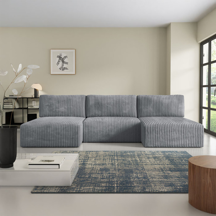 ELIOR - Canapé panoramique convertible 5 places en côtelé gris