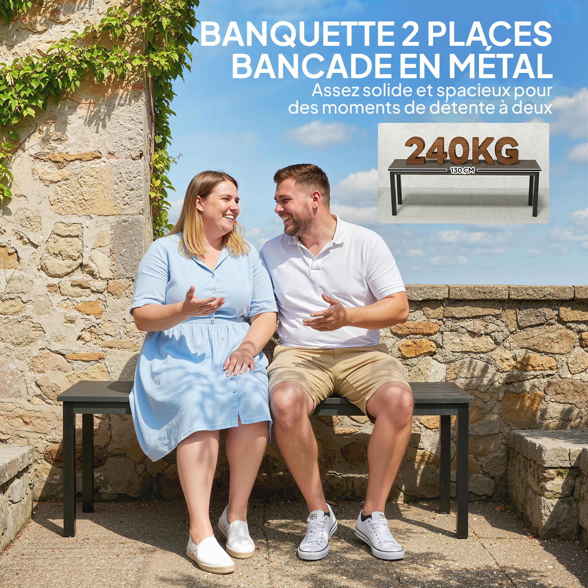 Banc de jardin 2 places lattes effet bois métal gris